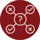 A graphic with a question mark, check mark, and Xs